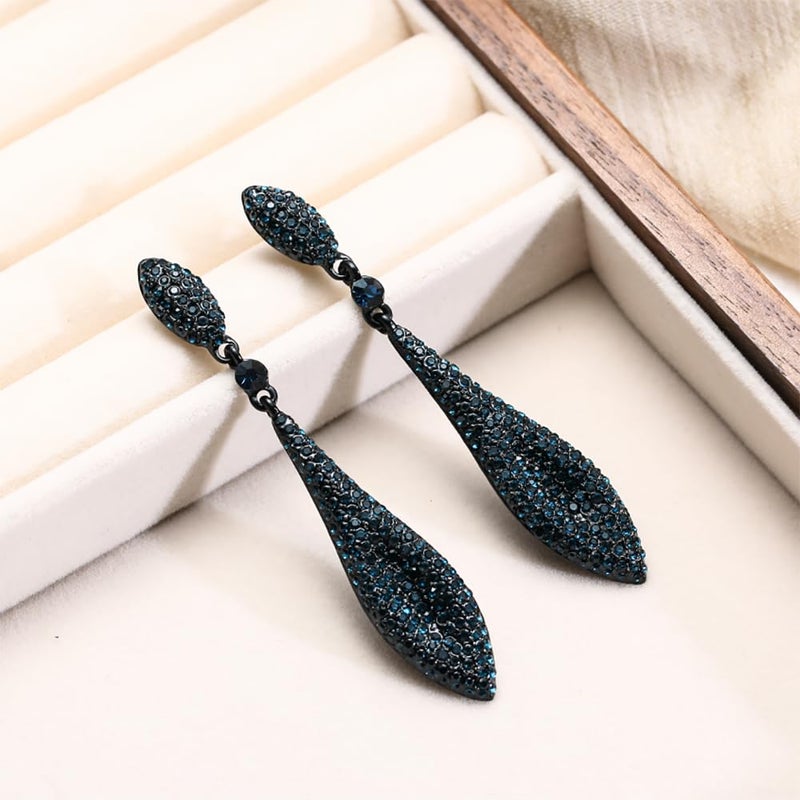 EVER FAITH Austrian Crystal Double Waterdrop Bridal Pierced Dangle Earrings Blue Black-Tone - Image 4